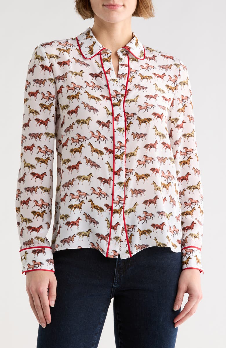Alice + Olivia Willa Horse Print Silk Button-Up Shirt, Main, color, Rodeo Off White