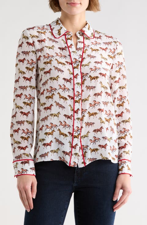 Willa Horse Print Silk Button-Up Shirt