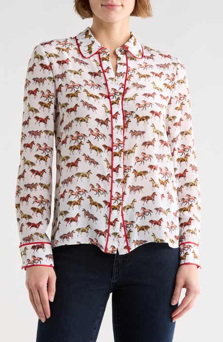Alice + Olivia Willa Horse Print Silk Button-Up Shirt