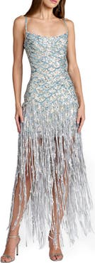 Mac Duggal Spaghetti Strap Sequin Fringe Mesh Column Gown