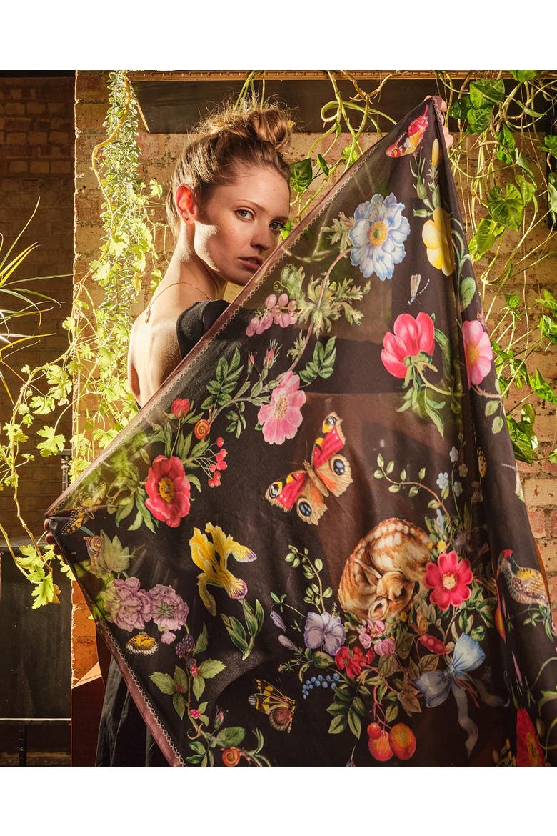 Black Fruity Floral Narrative Square Scarf, Alternate, color, Black