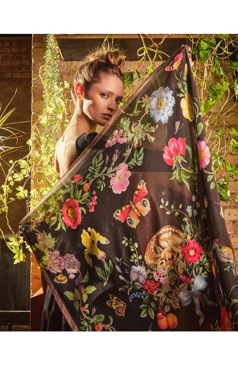 Fable England Black Fruity Floral Narrative Square Scarf, Alternate, color, Black