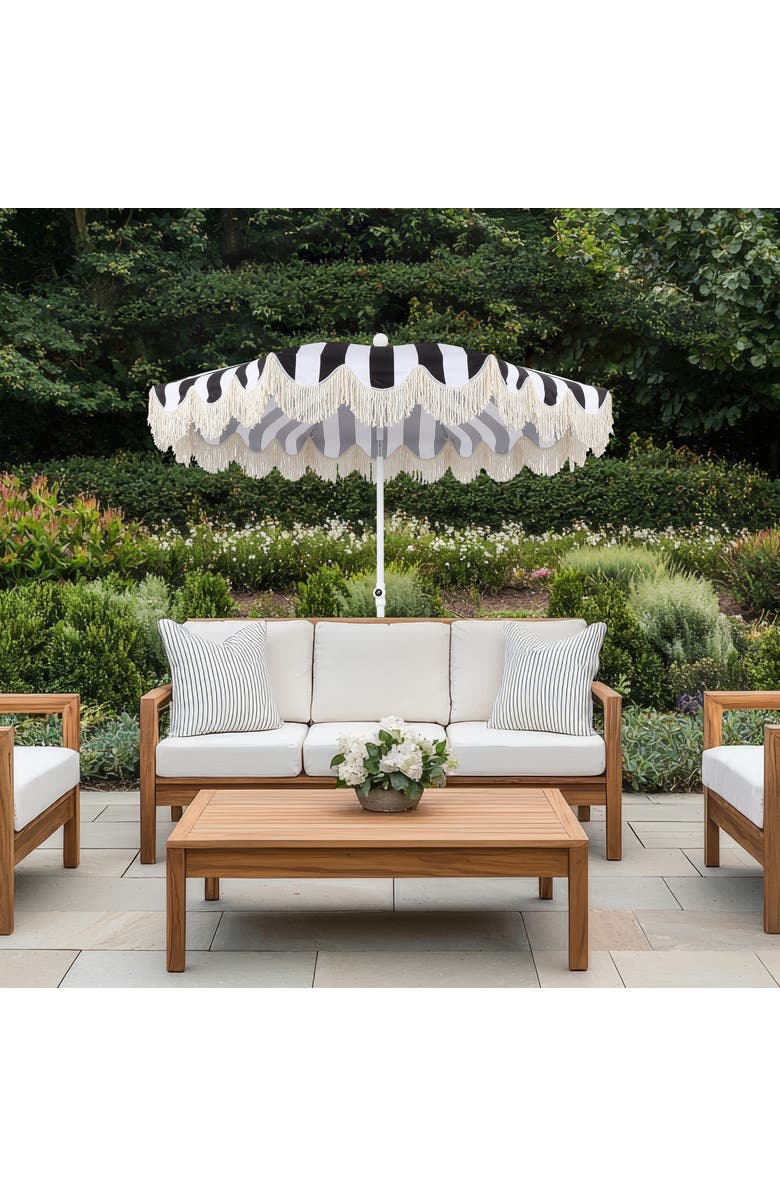 JONATHAN Y Mariner 6.5 ft. Classic Cottage Fringe Tassel Market Beach Umbrella with Push Button Tilt, Alternate, color, Black/White - White Pole