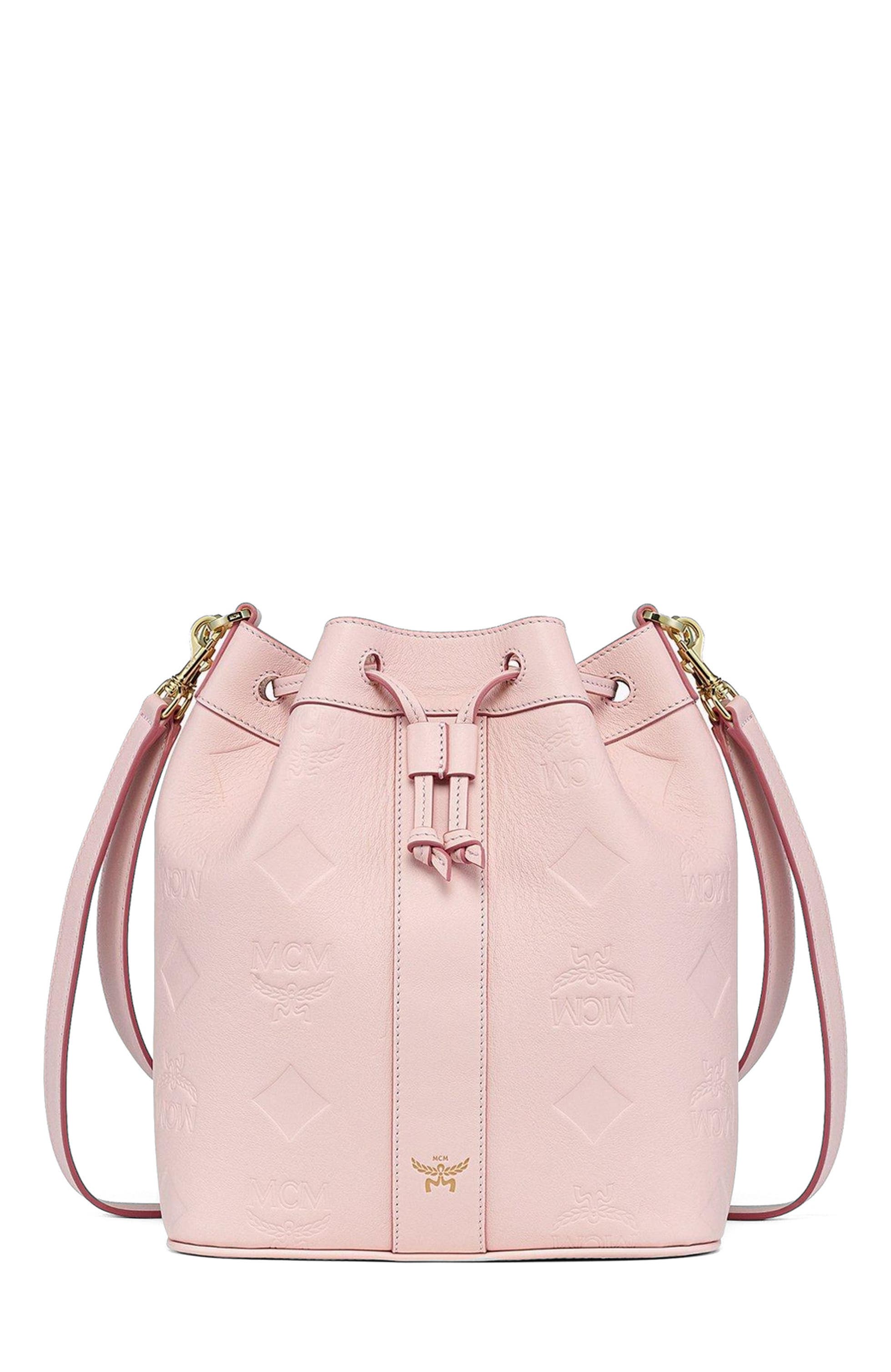 MCM Medium Dessau Drawstring Bag in Maxi Monogram Leather, Main, color, Lotus Pink