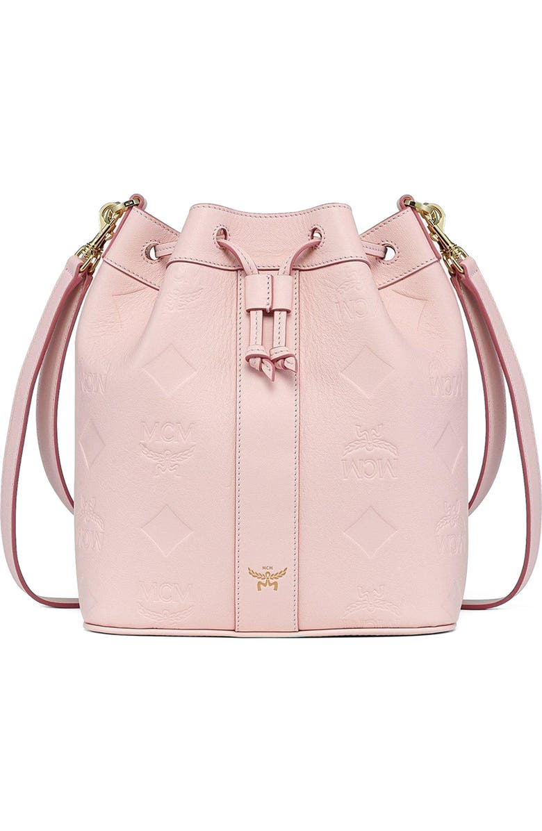 MCM Medium Dessau Drawstring Bag in Maxi Monogram Leather, Main, color, Lotus Pink