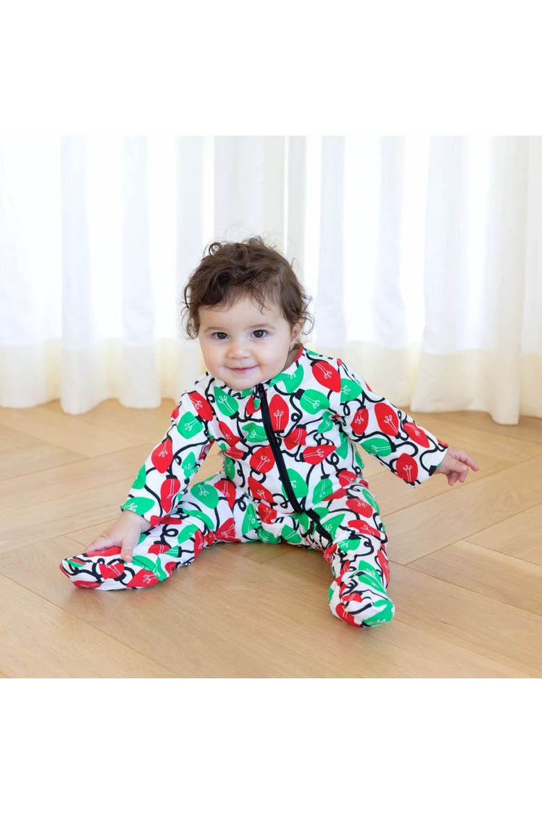 Organic Cotton Zip Footie in Holiday Lights, Alternate, color, Red & Pink Hearts