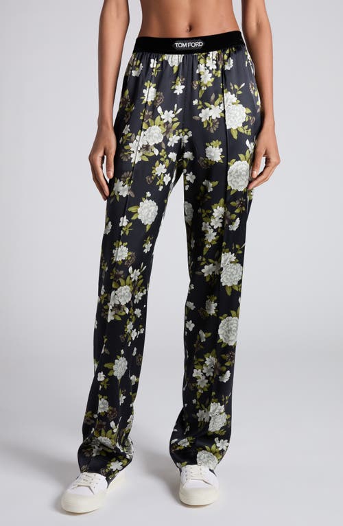 Tom Ford Floral Print Stretch Silk Satin Pants In Off White Black