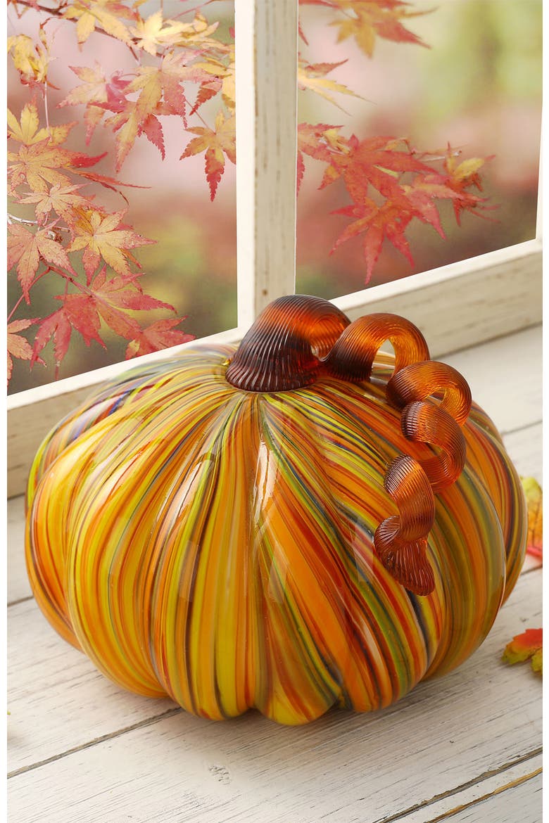 Multi Stripes Glass Large Glass Pumpkin Fall Harvest, Alternate, color, Orange