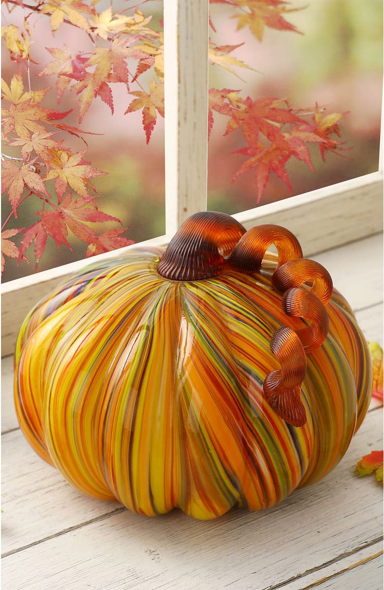 Glitzhome Multi Stripes Glass Large Glass Pumpkin Fall Harvest, Alternate, color, 