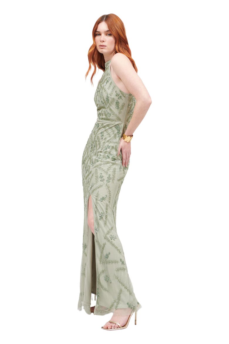 Occasion Embellished Sequin Beaded Halter Neck Evening Gown, Alternate, color, SAGE GREEN