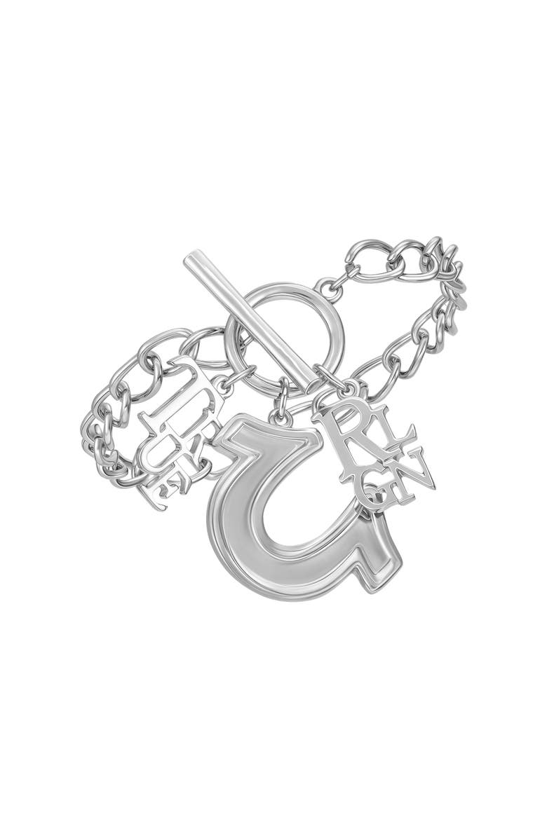True Religion Horseshoe & Logo Charm Bracelet, Main, color, Silver Tone