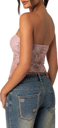 EDIKTED Twilight Strapless Lace Split Front Crop Top | Nordstrom