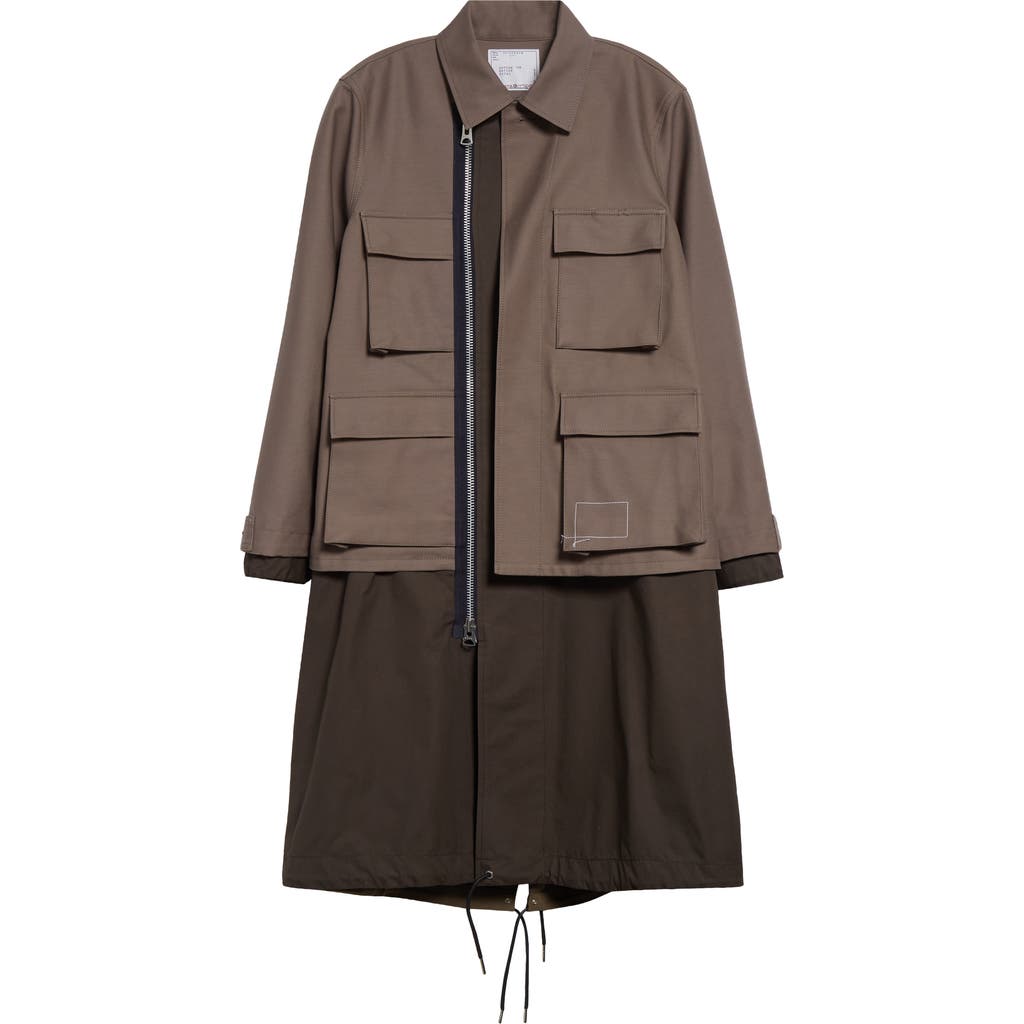 Sacai Layered Mixed Media Coat In Taupe/dark Khaki