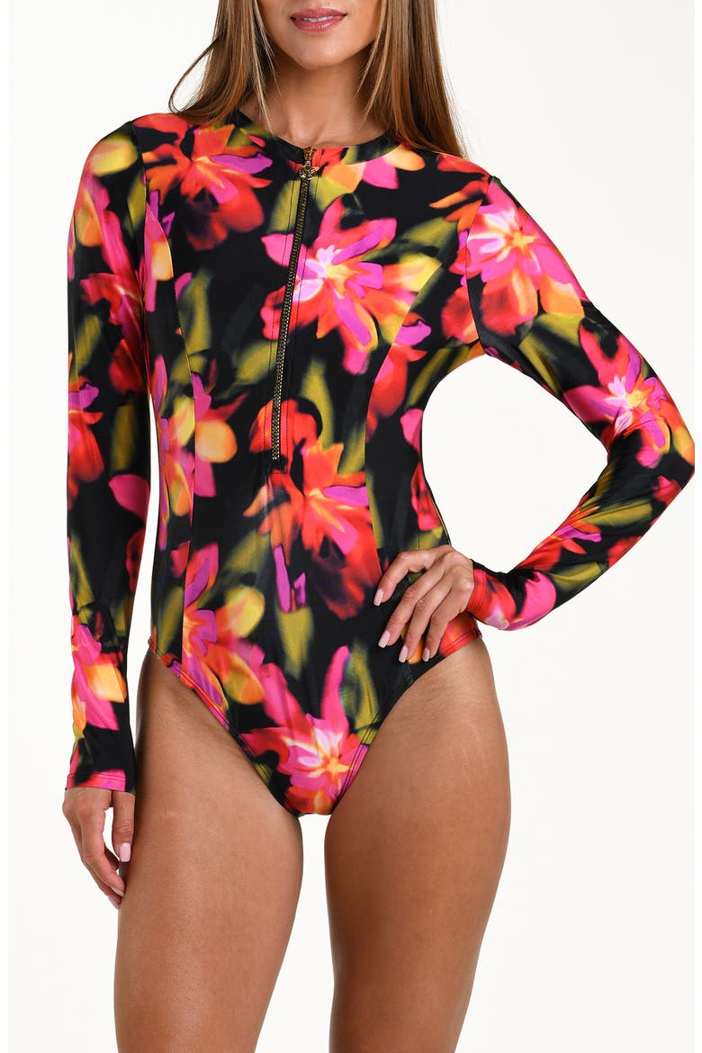 Floressence Long Sleeve One-Piece Rashguard Swimsuit, Main, color, BLACK MULTI