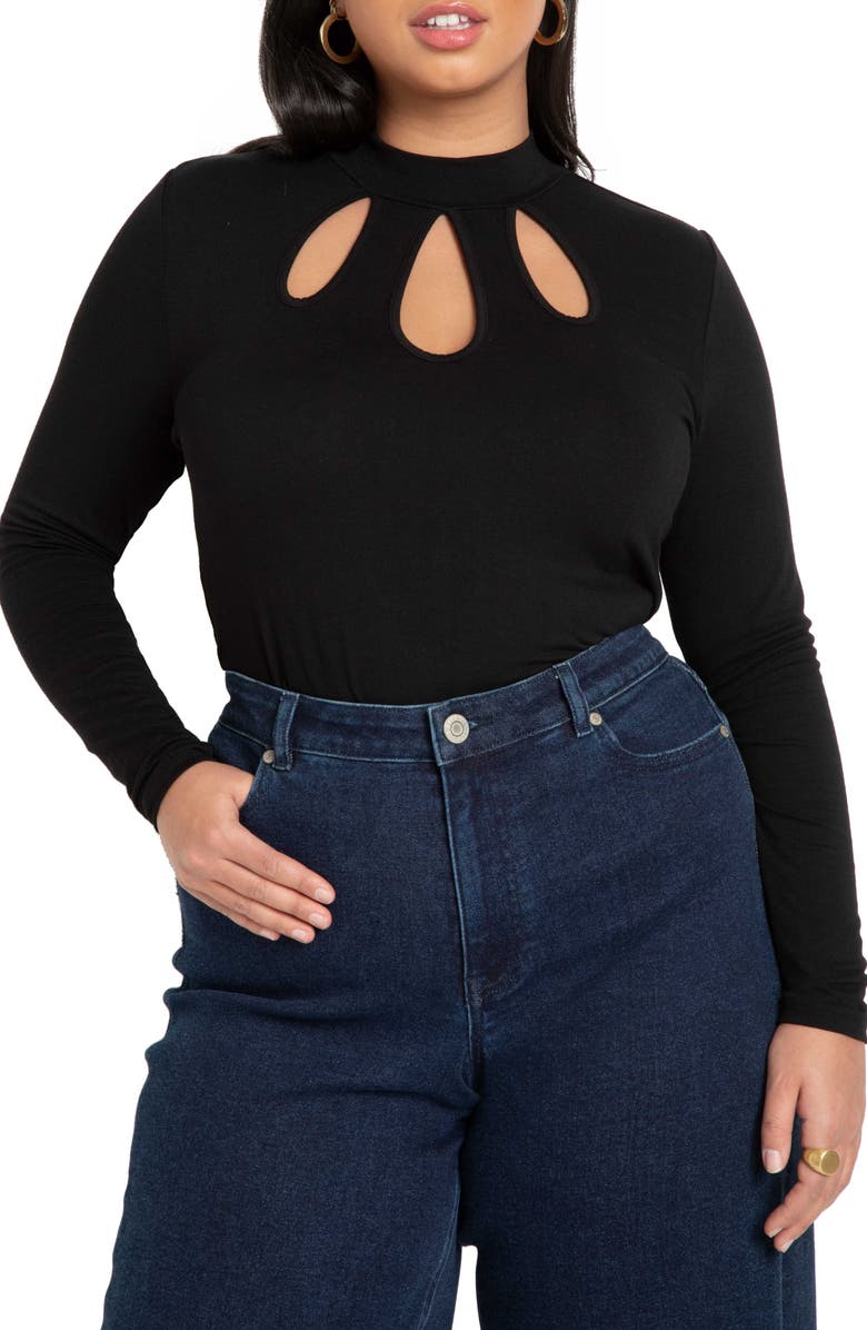 ELOQUII Teardrop Cutout Neckline Long Sleeve Top, Main, color, 