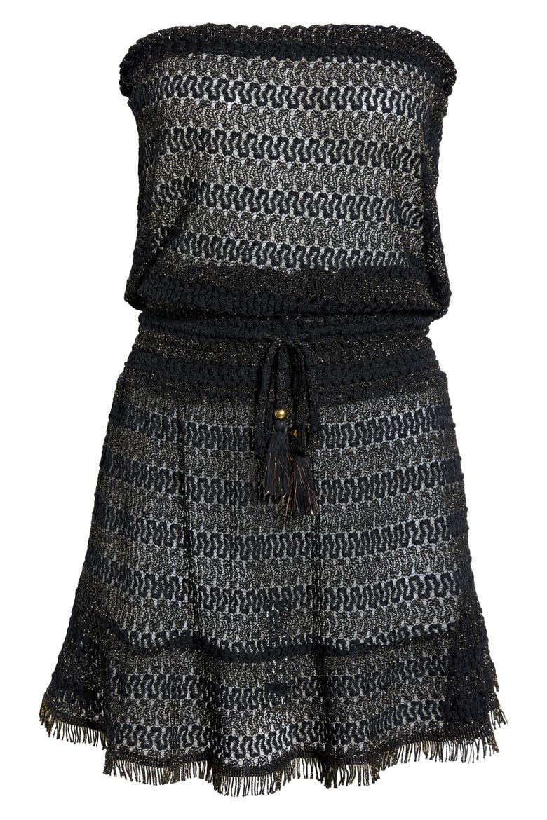Swirl Lauryn Strapless Sheer Cover-Up Mini Sundress, Alternate, color, BLACK METALLIC ZIGZAG