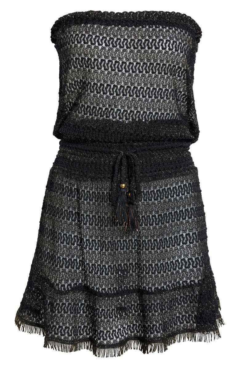 Ramy Brook Swirl Lauryn Strapless Sheer Cover-Up Mini Sundress, Alternate, color, Black Metallic Zigzag