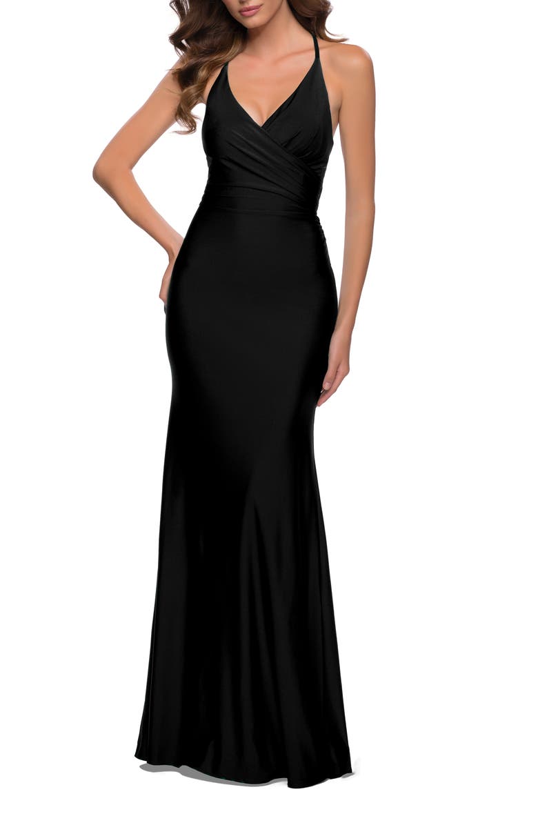 La Femme Fitted Long Jersey Gown with Criss Cross Bodice, Main, color, Black