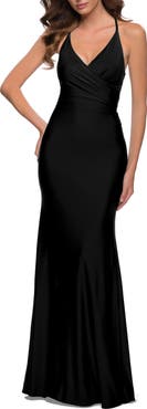 La Femme Fitted Long Jersey Gown with Criss Cross Bodice