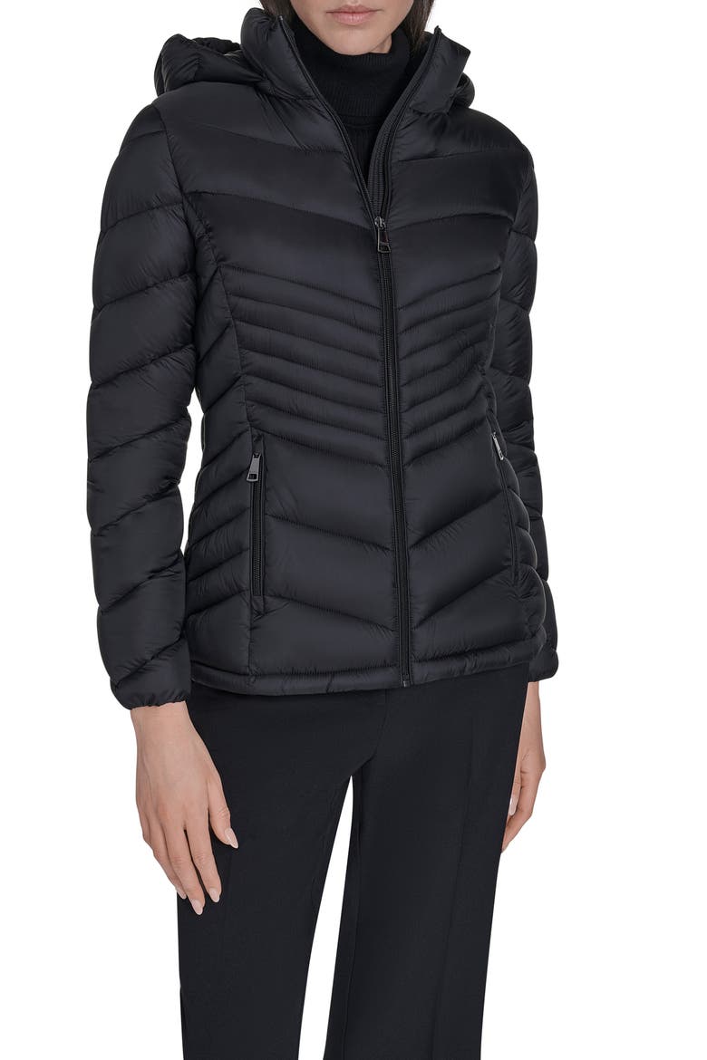 Water Resistant Chevron Quilted Puffer Jacket, Main, color, BLACK