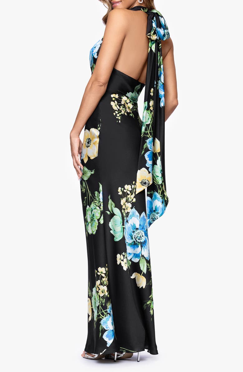 Betsy & Adam Floral Satin Halter Gown, Alternate, color, Black/ Multi
