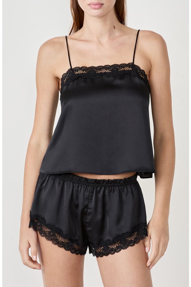 Attitude Lace Trim Satin Camisole, Main, color, BLACK