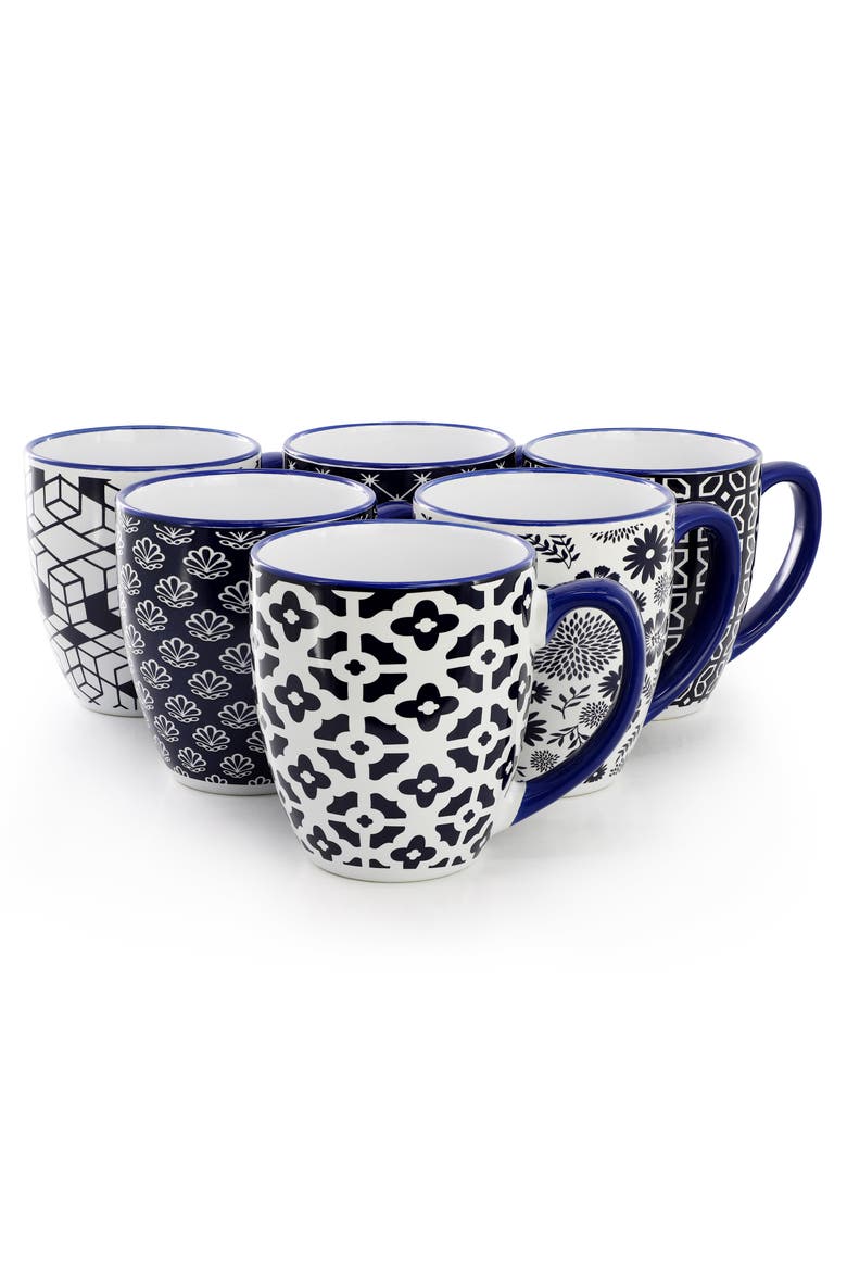 Flyn 6 Piece 16 Ounce Assorted Design Stoneware Mug Set, Alternate, color, Blue