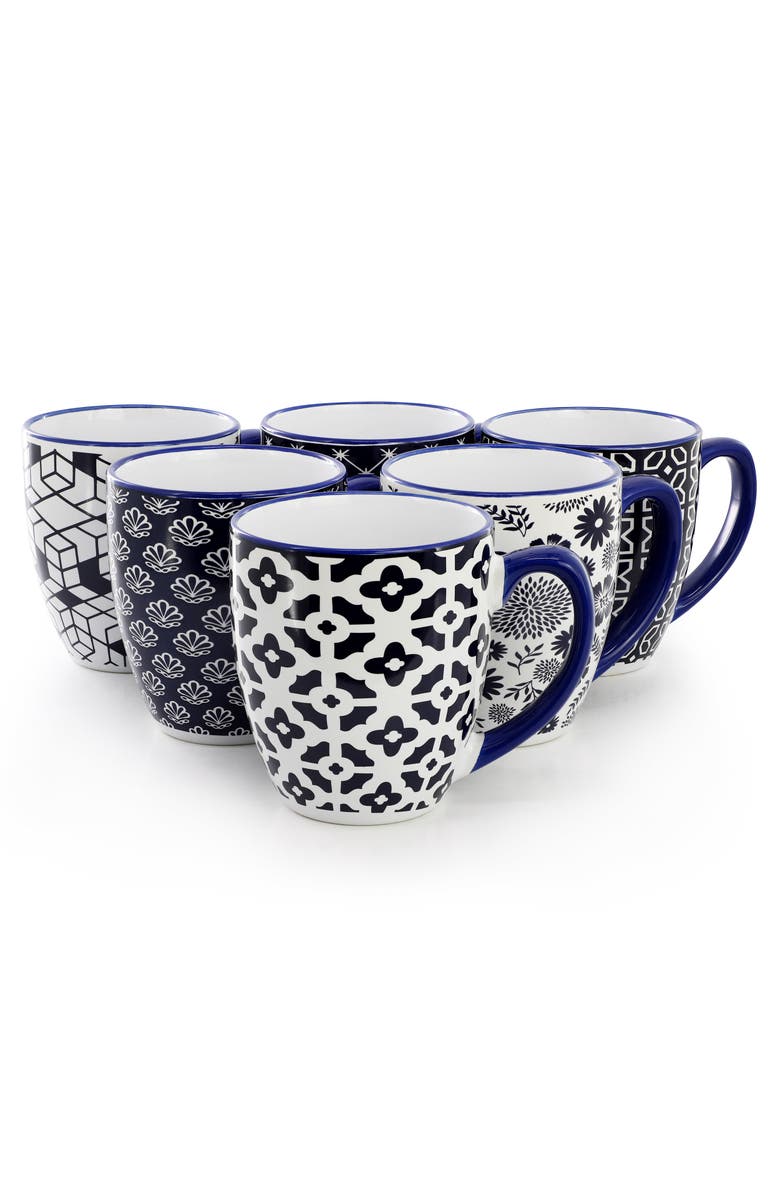 Elama Flyn 6 Piece 16 Ounce Assorted Design Stoneware Mug Set, Alternate, color, Blue
