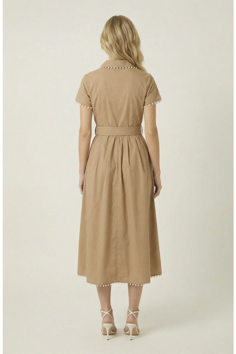 Short Sleeve Collared Midi Dress with Pearl Details and Statement Belt, Alternate, color, Beige