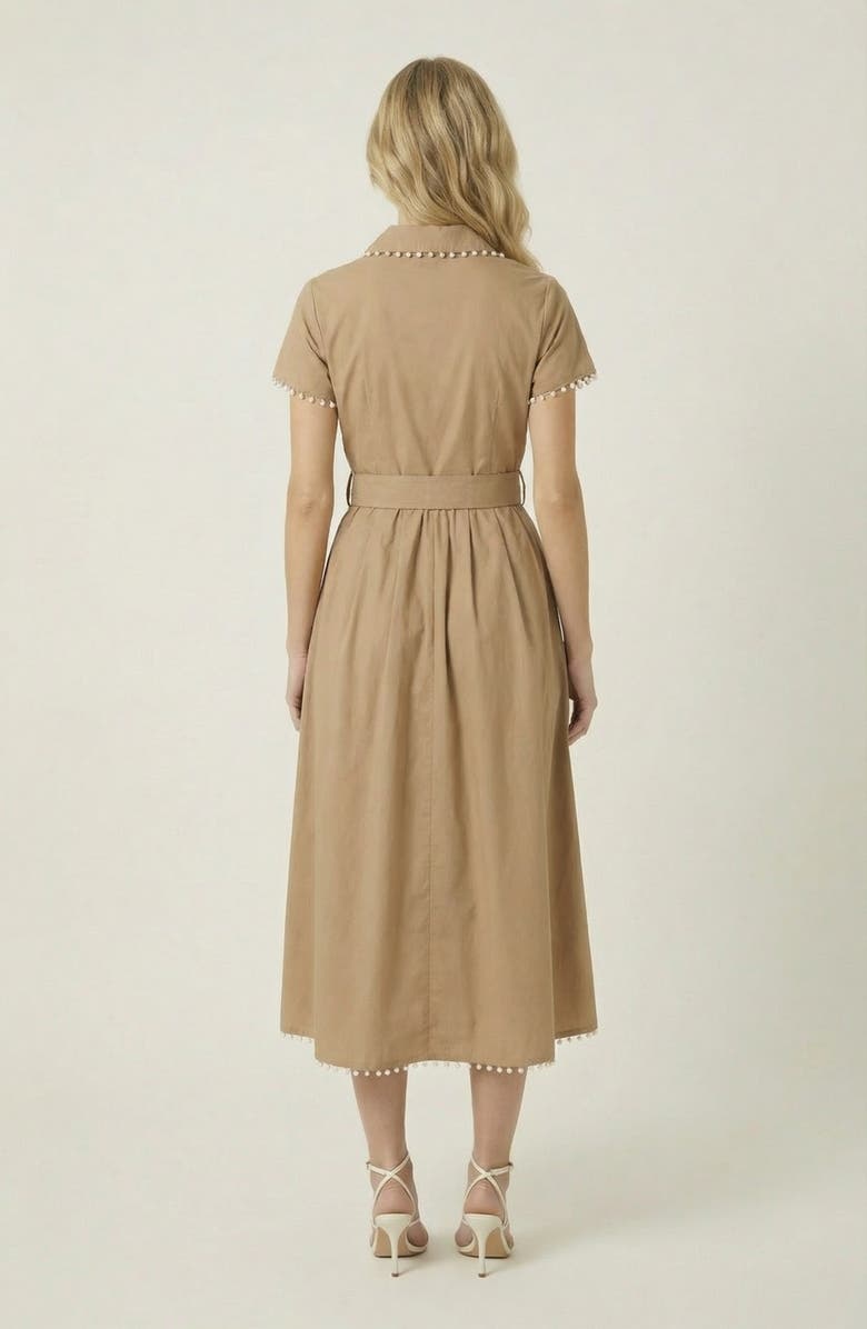 Modenaire Short Sleeve Collared Midi Dress with Pearl Details and Statement Belt, Alternate, color, Beige