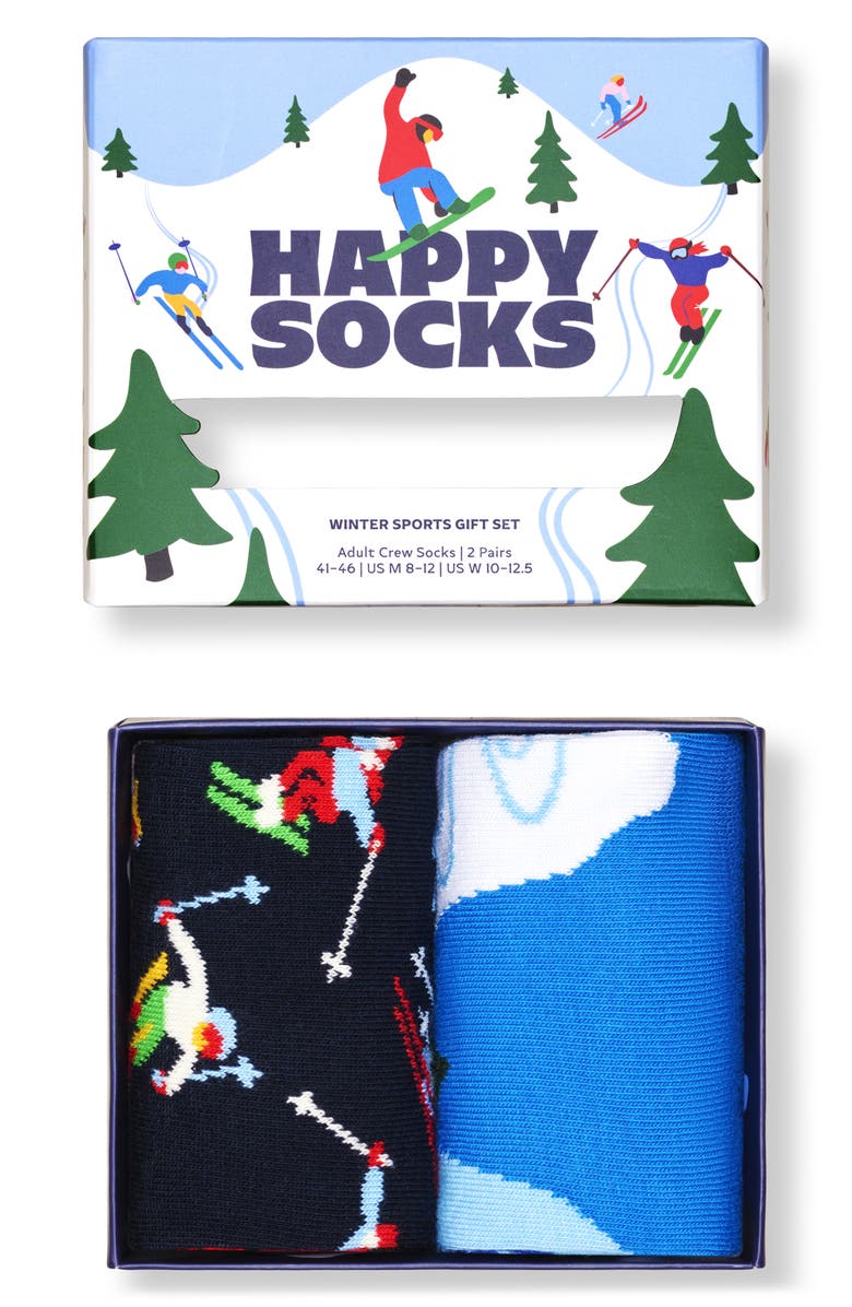 Happy Socks Winter Sports Assorted 2-Pack Cotton Blend Crew Socks Gift Box, Alternate, color, White