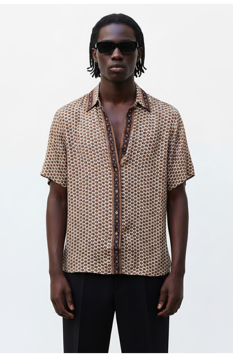 Monzlapur Embossed Botanical Short Sleeve Crepe Shirt, Alternate, color, Copper