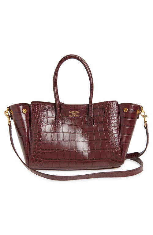 Balenciaga Mini Bel Air Croc Embossed Leather Carry All Tote In Burgundy