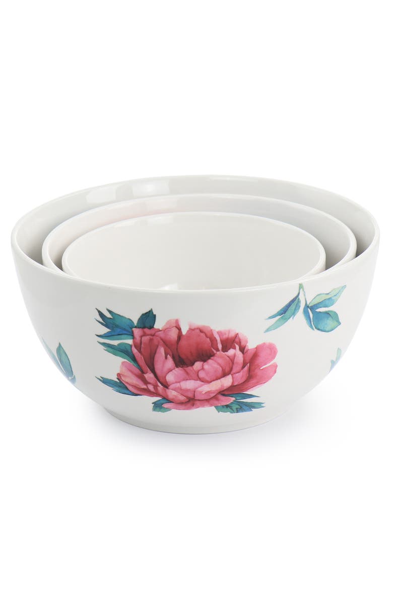 3 Piece Fine Ceramic Floral Bowl Set, Alternate, color, White