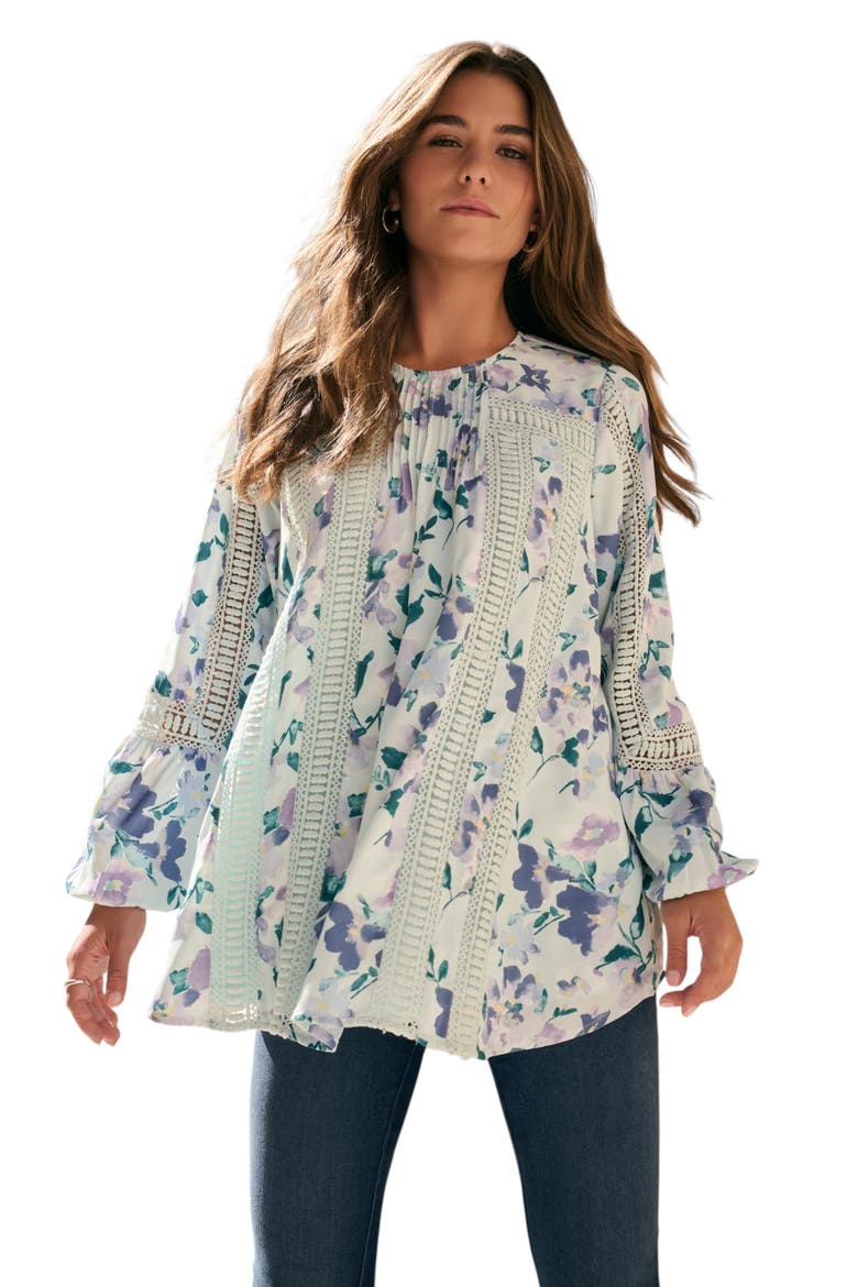 Lace Trim Blouson Sleeve Top, Alternate, color, CLOUD BLUE WATERCOLOR