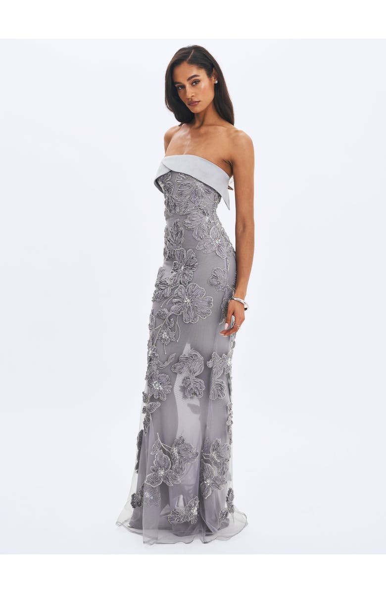 Miss Circle Raphaela Beaded Floral Strapless Mermaid Maxi Dress, Alternate, color, Silver