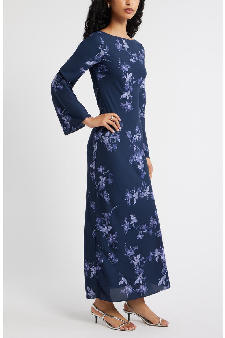 Print Long Sleeve Drape Back Dress, Alternate, color, NAVY-BLUE GARDEN TRAILS