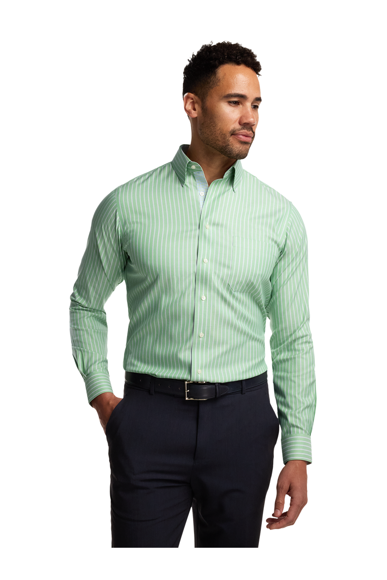 Cotton Poly Spandex Point Collar Twill Slim Contrast Trim Button Cuff Long Sleeve, Alternate, color, Green