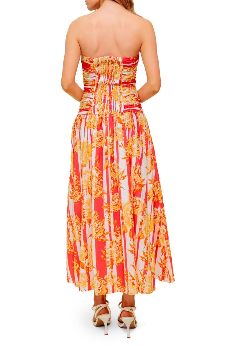 Floral Strapless Ruched Cotton Midi Dress, Alternate, color, STRAWBERRY