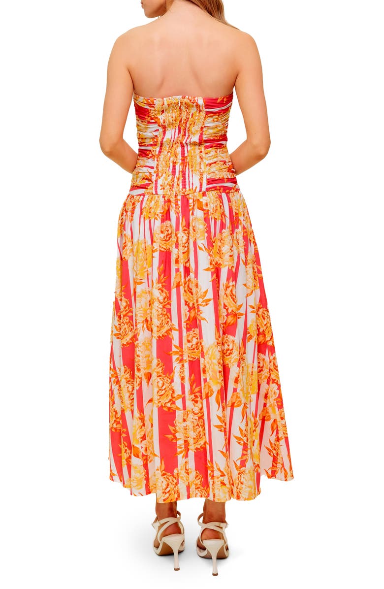 FLYING TOMATO Floral Strapless Ruched Cotton Midi Dress, Alternate, color, Strawberry