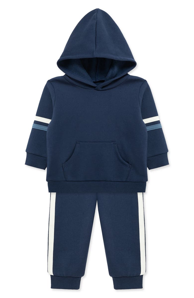 Little Me Stripe Sleeve Pullover Hoodie & Pants Set, Alternate, color, Navy