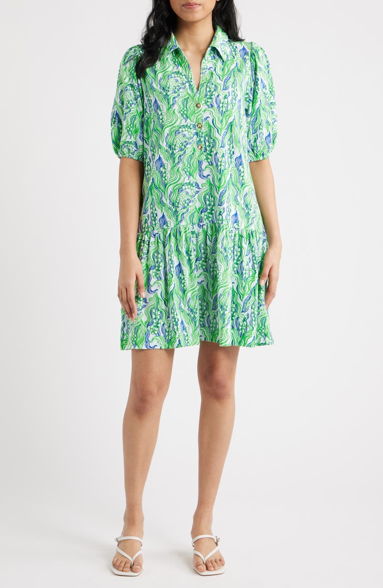 Lilly Pulitzer<sup>®</sup> Bingley Short Sleeve Cotton Drop Waist Minidress, Main, color, Green Lilly Of The Valley