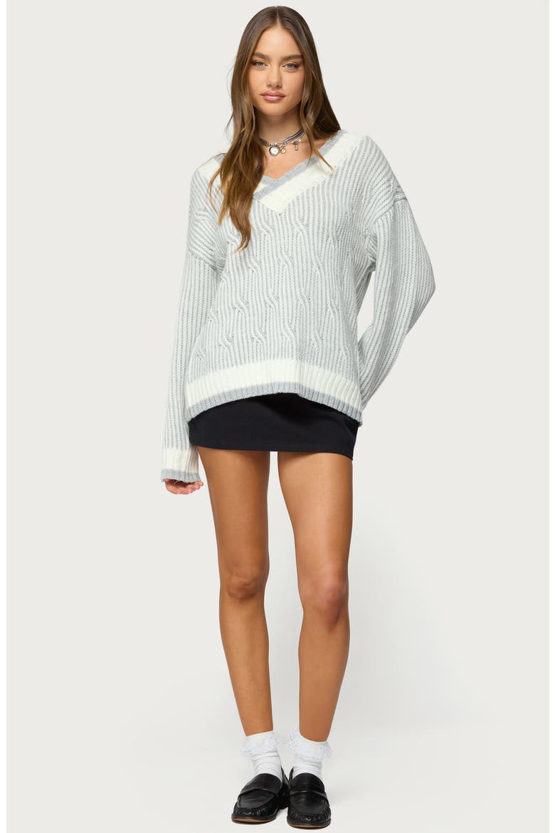 Lila Oversize Stripe Trim V-Neck Cable Sweater, Alternate, color, GRAY-MELANGE