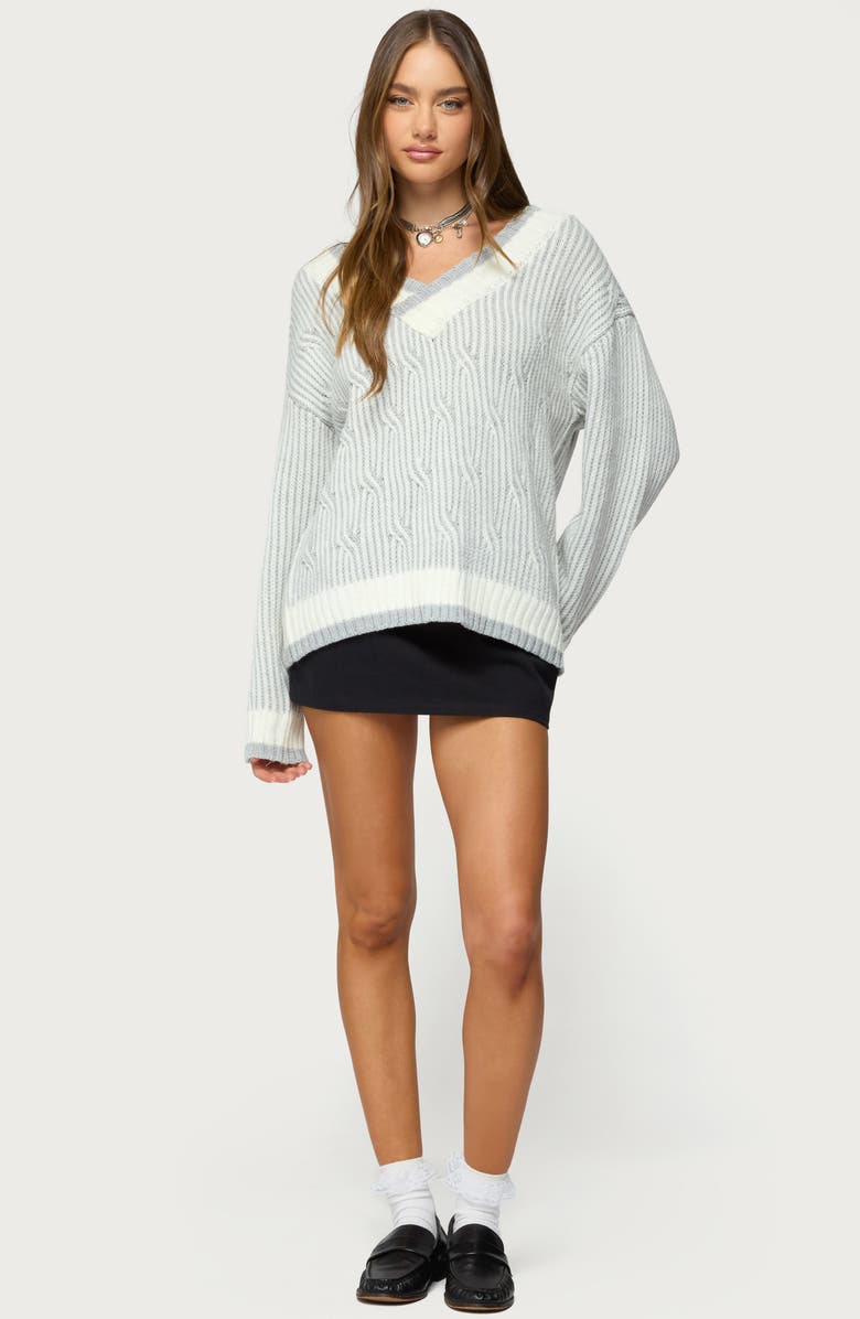 EDIKTED Lila Oversize Stripe Trim V-Neck Cable Sweater, Alternate, color, Gray-Melange