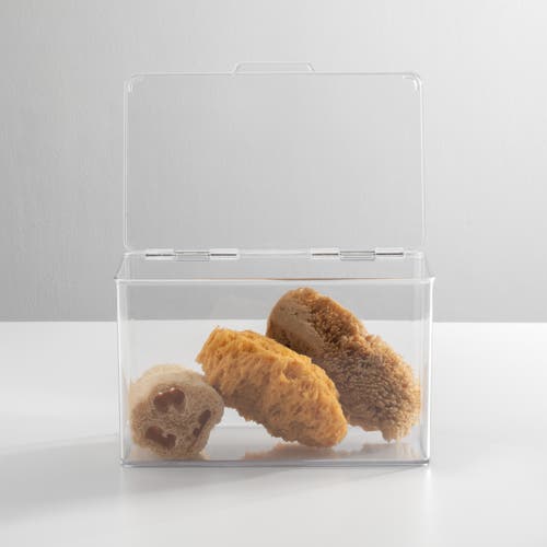 Mdesign Plastic Bath Stacking Storage Organizer Box, Hinged Lid, 4 Pack In Transparent