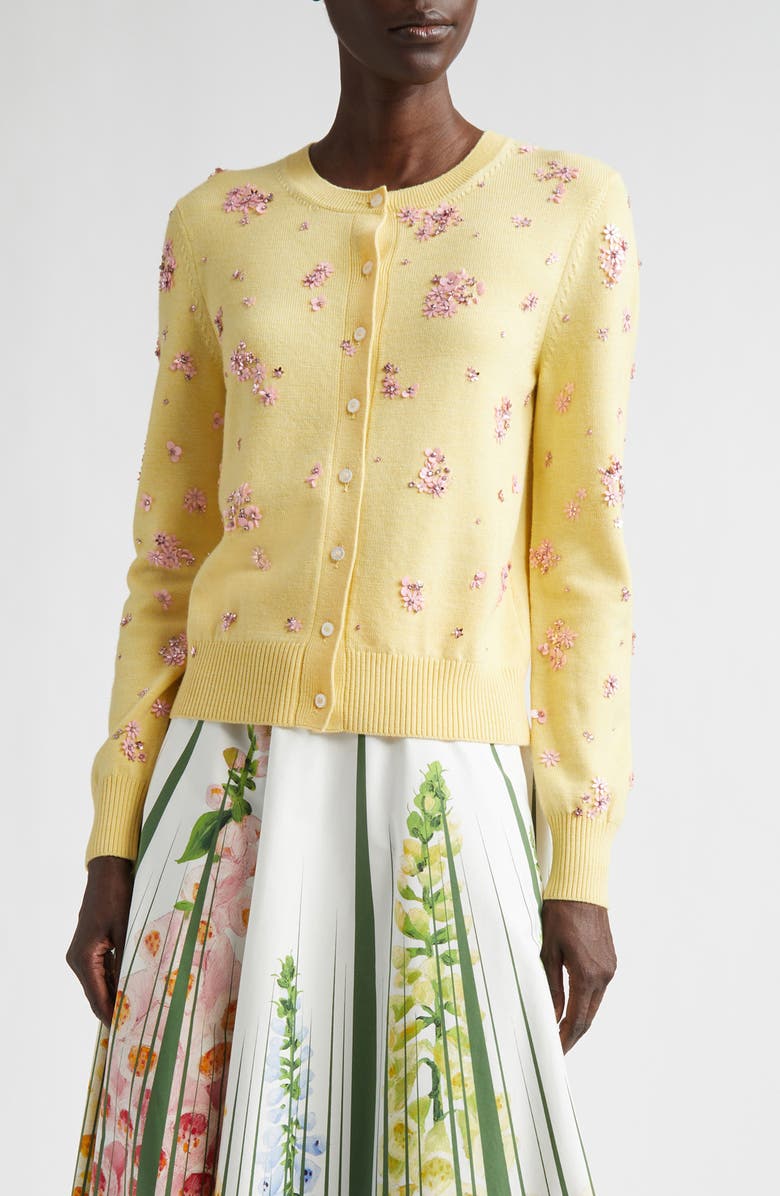 Oscar de la Renta Sequin & Crystal Embroidered Wool Cardigan, Main, color, Yellow/ Pink