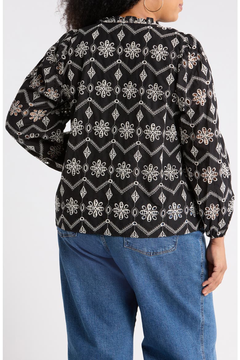 Embroidered Ruffle Split Neck Top, Alternate, color, BLACK IVORY