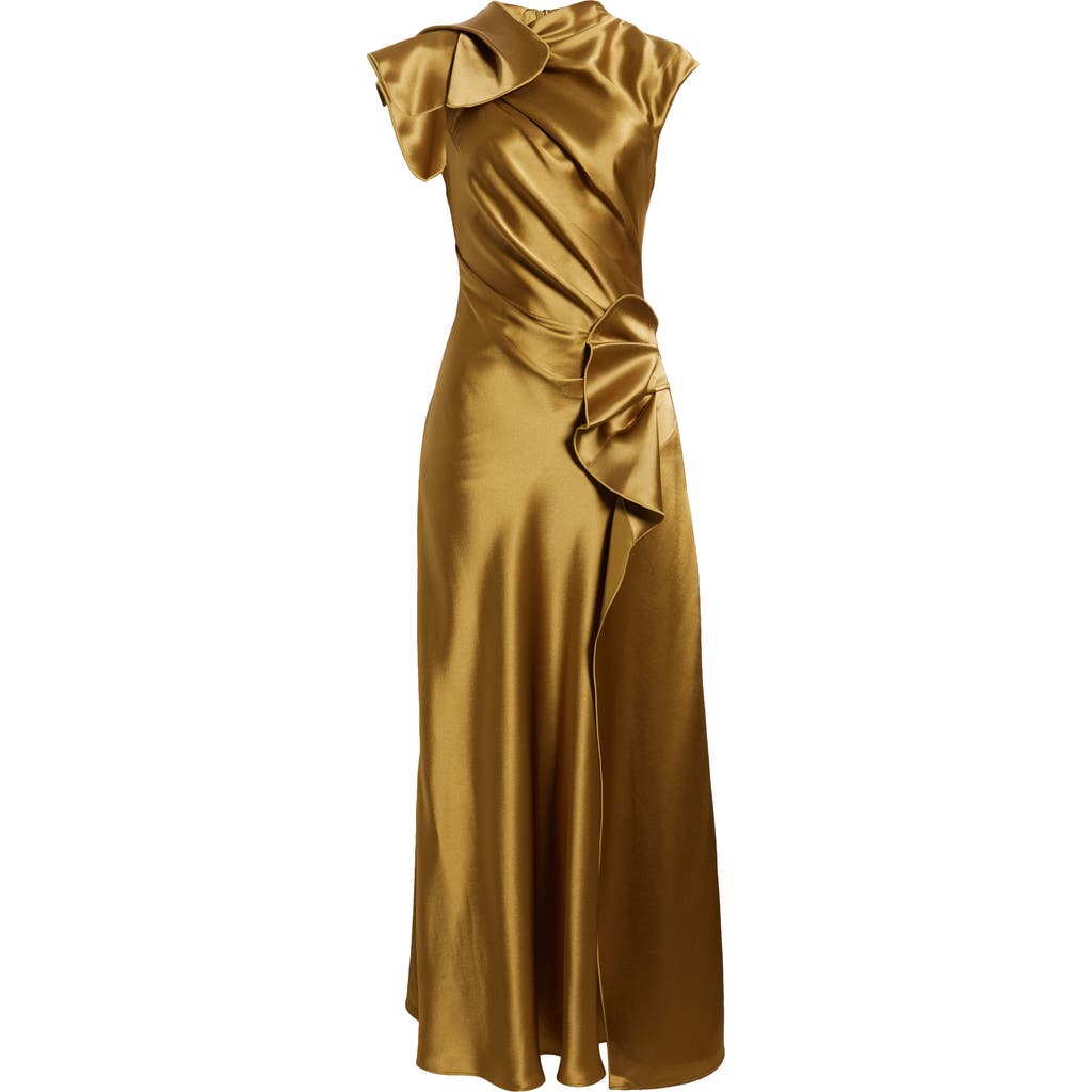 Acler Ramshaw Metallic Pleated Satin Gown In Green