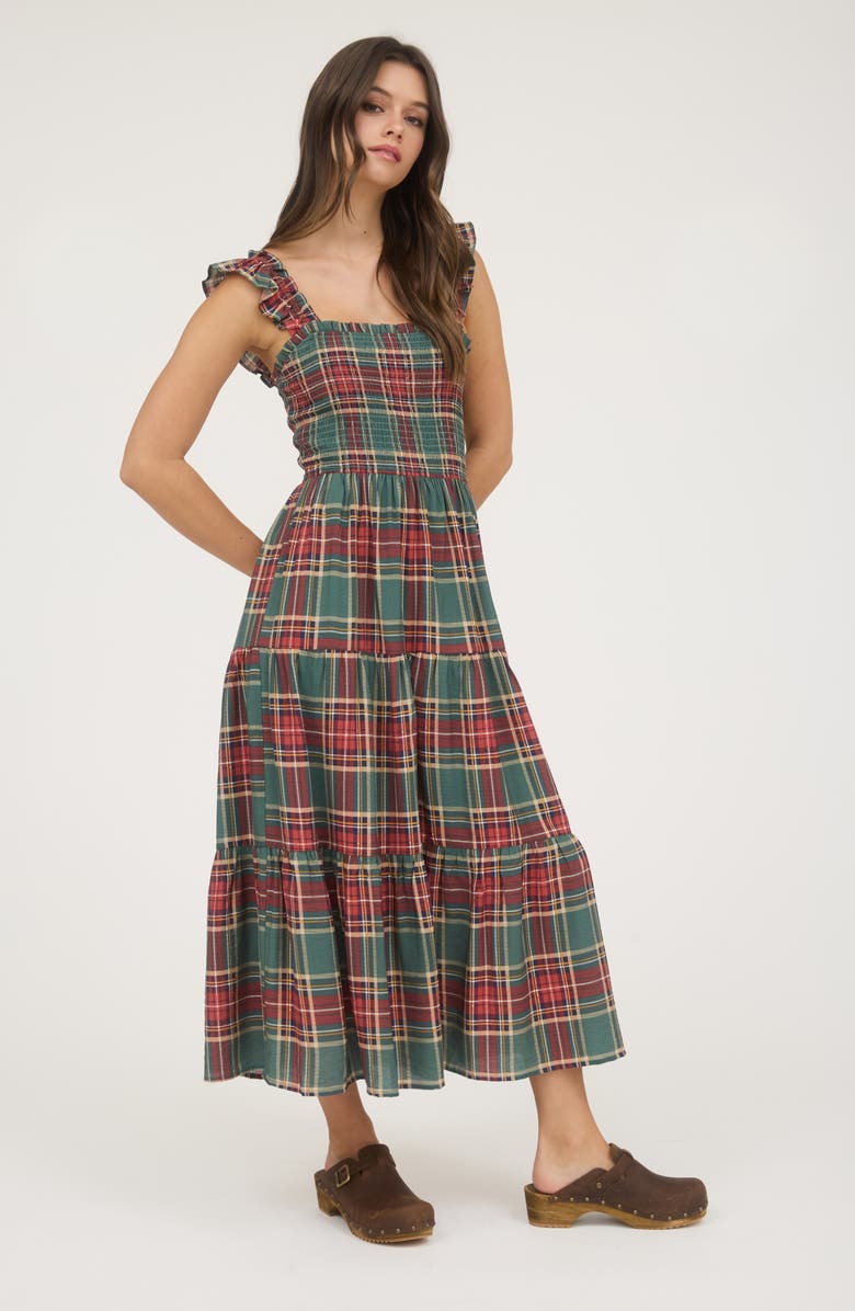 Blu Pepper Plaid Ruffle Midi Dress, Alternate, color, Green Multi