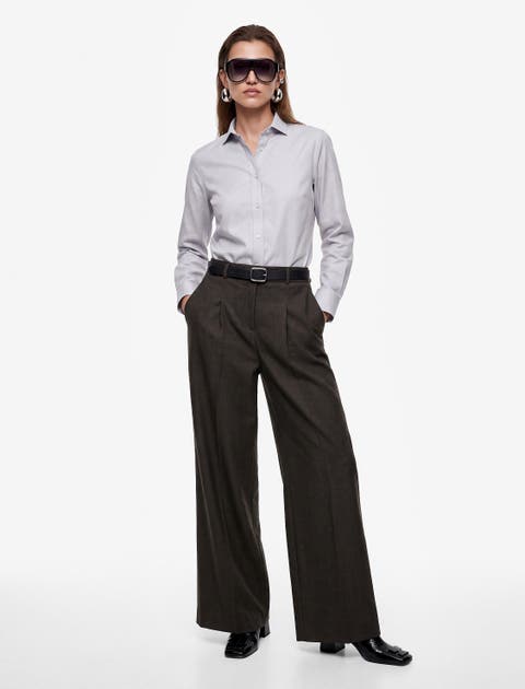 High Rise Pleated Wide Leg Tailored Trousers With Belted